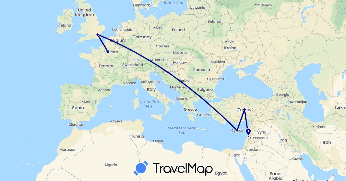 TravelMap itinerary: driving in Cyprus, France, United Kingdom, Lebanon, Turkey (Asia, Europe)
